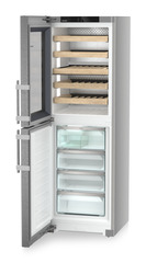 Product image, Perspective: oblique open empty, Combination with NoFrost freezer compartment and wine tempering compartment, Casing colour: silver, Door colour: stainless steel