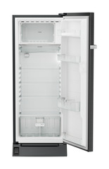 Product image, Perspective: straight open empty, Single-door refrigerator 222 l with foot pedal base drawer and iCoolTouch UI, Casing colour: grey, Door colour: BlackSteel