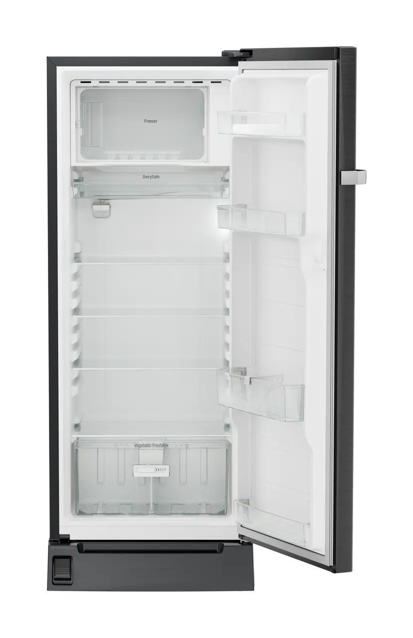 Product image, Perspective: straight open empty, Single-door refrigerator 222 l with foot pedal base drawer and iCoolTouch UI, Casing colour: grey, Door colour: BlackSteel