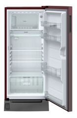 Product image, Perspective: straight open empty, Single-door fridge 202 l in 5 star with foot pedal base drawer, Casing colour: red, Door colour: Red Rosette