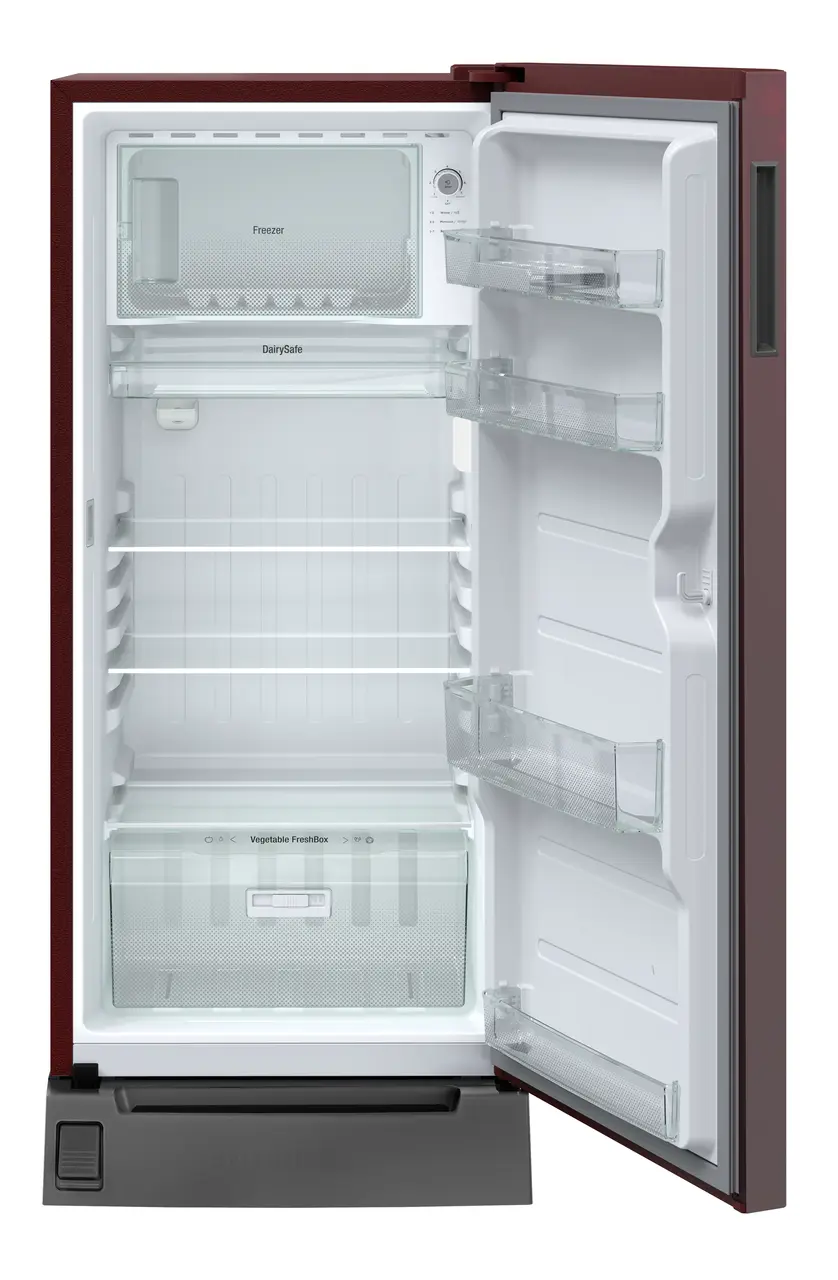 Product image, Perspective: straight open empty, Single-door fridge 202 l in 5 star with foot pedal base drawer, Casing colour: red, Door colour: Red Rosette