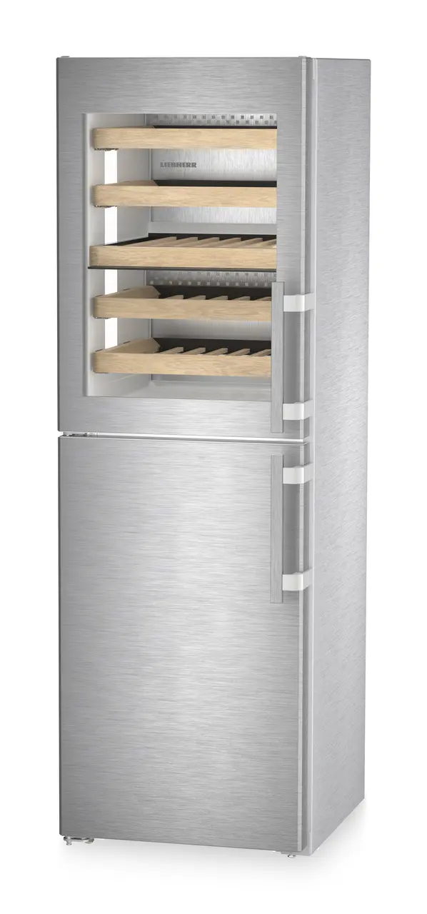 Product image, Perspective: oblique closed, Combination with NoFrost freezer compartment and wine tempering compartment, Casing colour: stainless steel, Door colour: stainless steel