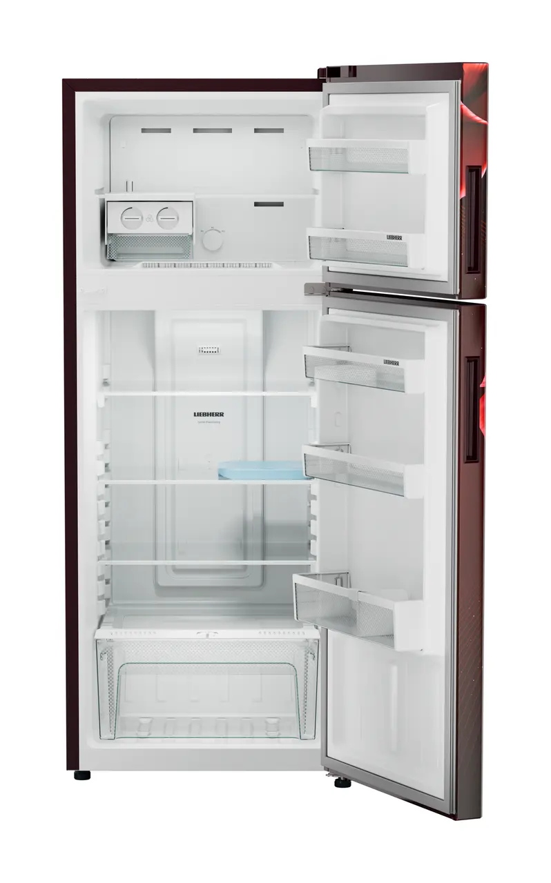 Product image, Perspective: straight open empty, Fridge-freezer with NoFrost, Casing colour: red, Door colour: Red Divine