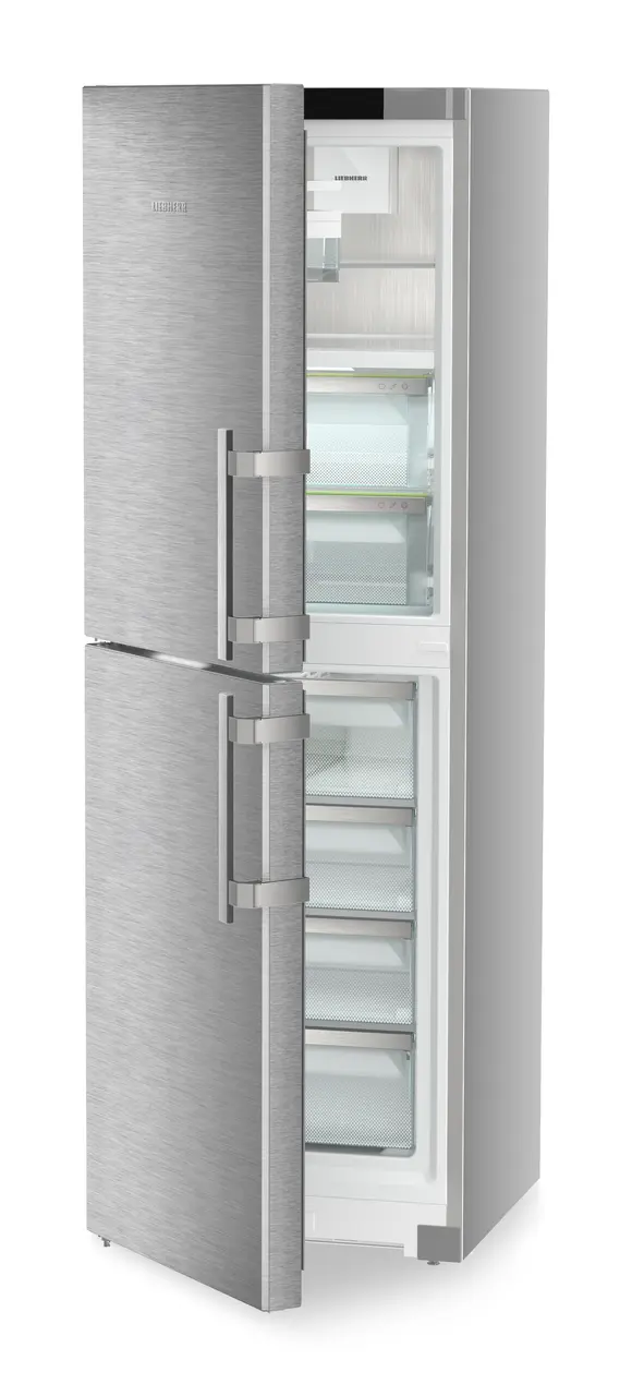 Product image, Perspective: oblique half-open empty, Fridge-freezer with BioFresh and NoFrost, Casing colour: silver, Door colour: stainless steel