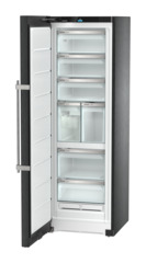 Product image, Perspective: oblique open empty, Freestanding freezer with NoFrost and IceTower, Casing colour: BlackSteel, Door colour: BlackSteel