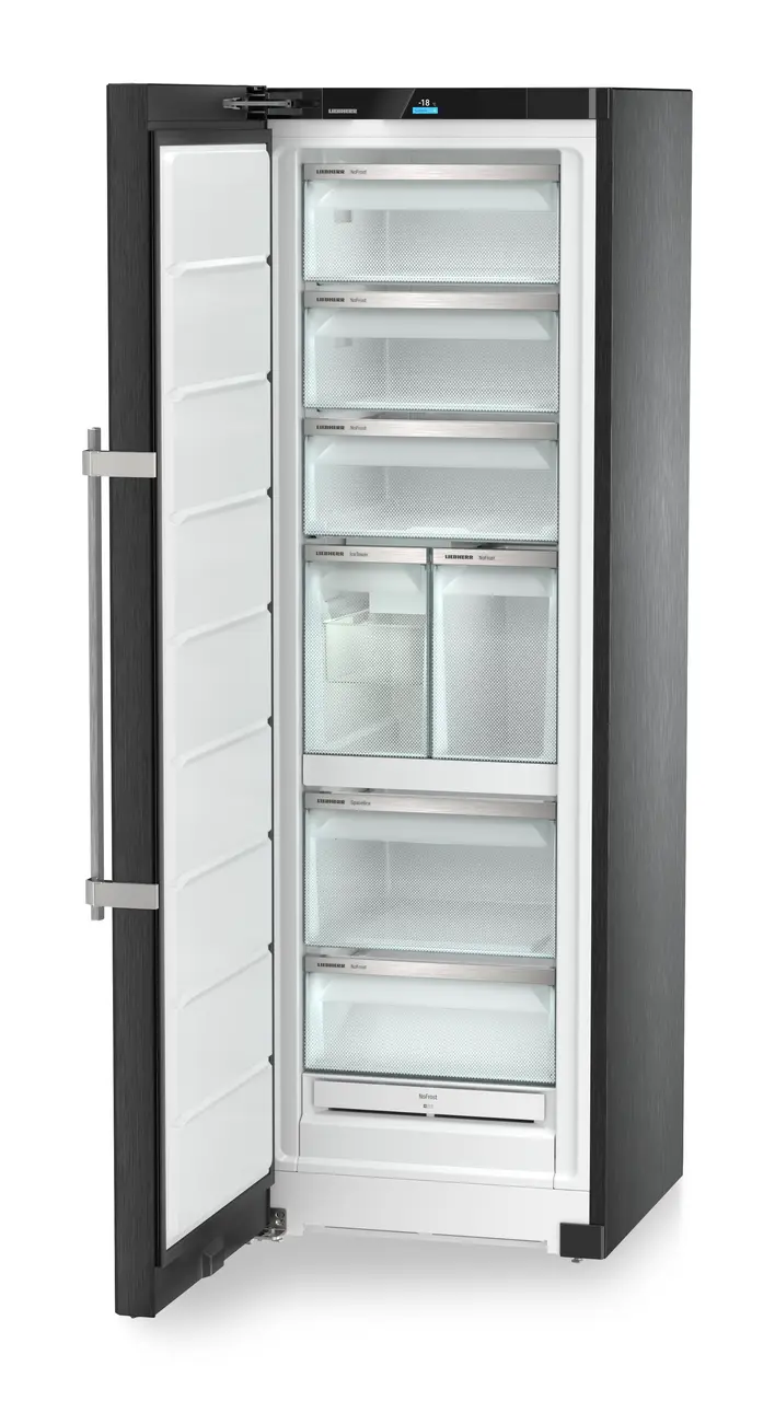 Product image, Perspective: oblique open empty, Freestanding freezer with NoFrost and IceTower, Casing colour: BlackSteel, Door colour: BlackSteel