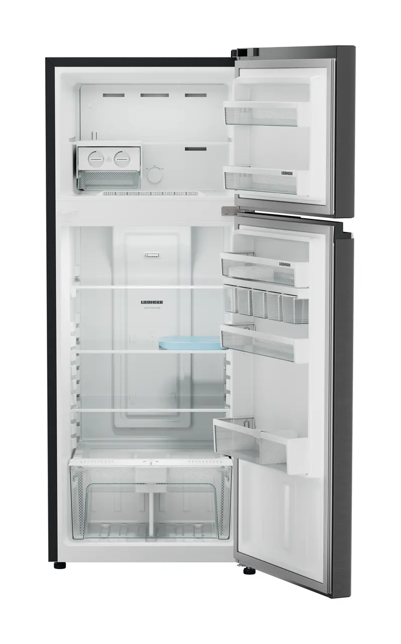 Product image, Perspective: straight open empty, Fridge-freezer with NoFrost, Casing colour: grey, Door colour: BlackSteel