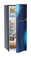 Product image, Perspective: oblique half-open decorated, Fridge-freezer with NoFrost, Casing colour: blue, Door colour: Blue Mystiq