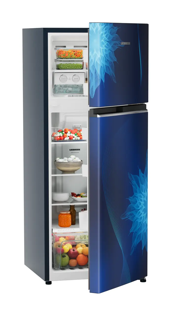 Product image, Perspective: oblique half-open decorated, Fridge-freezer with NoFrost, Casing colour: blue, Door colour: Blue Mystiq