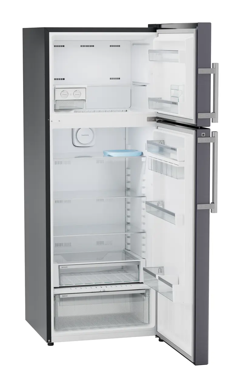 Product image, Perspective: oblique open empty, Fridge-freezer with NoFrost, Casing colour: grey, Door colour: Cobalt Steel
