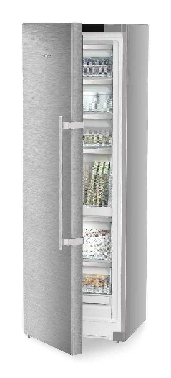 Product image, Perspective: oblique half-open decorated, Freestanding freezer with NoFrost and IceTower, Casing colour: silver, Door colour: stainless steel