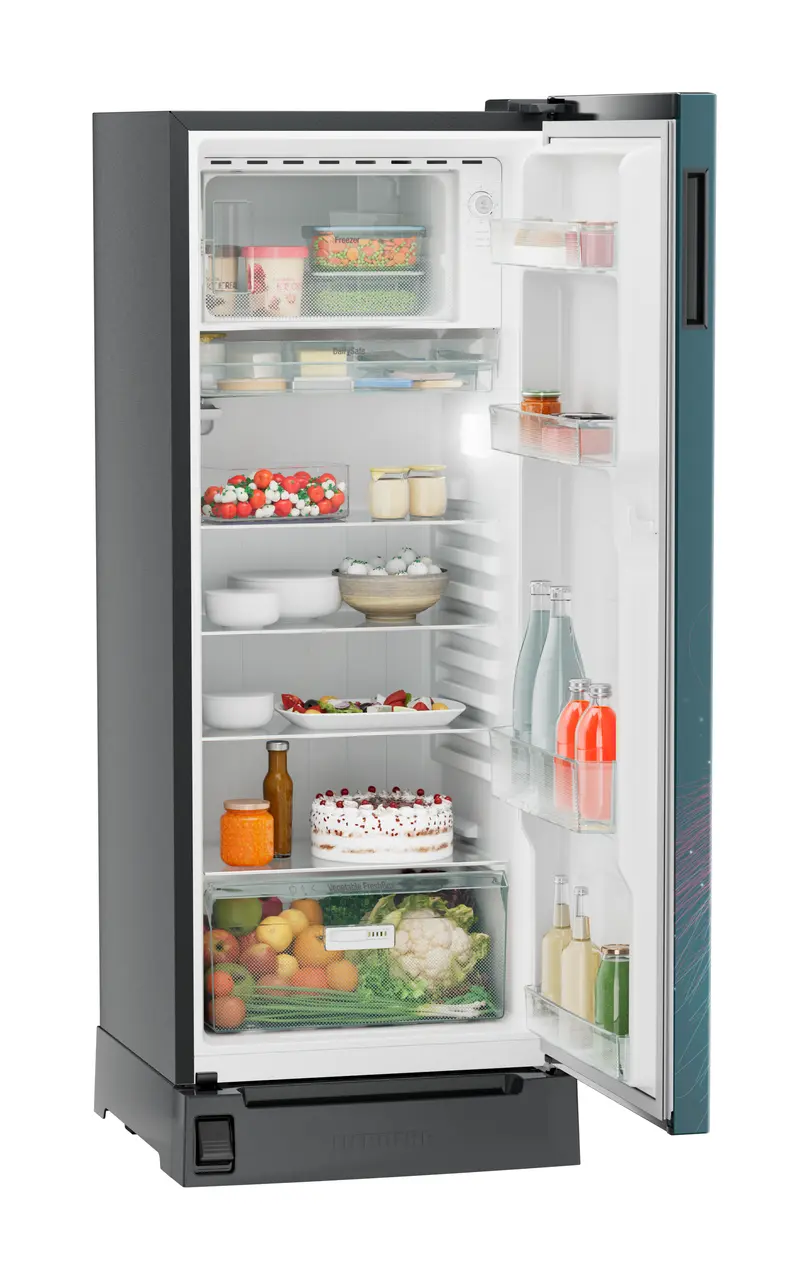 Product image, Perspective: oblique open decorated, Single-door fridge 222 l in 4 star with foot pedal base drawer, Casing colour: grey, Door colour: Teal Strings