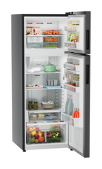 Product image, Perspective: oblique open decorated, Fridge-freezer with NoFrost, Casing colour: grey, Door colour: BlackSteel
