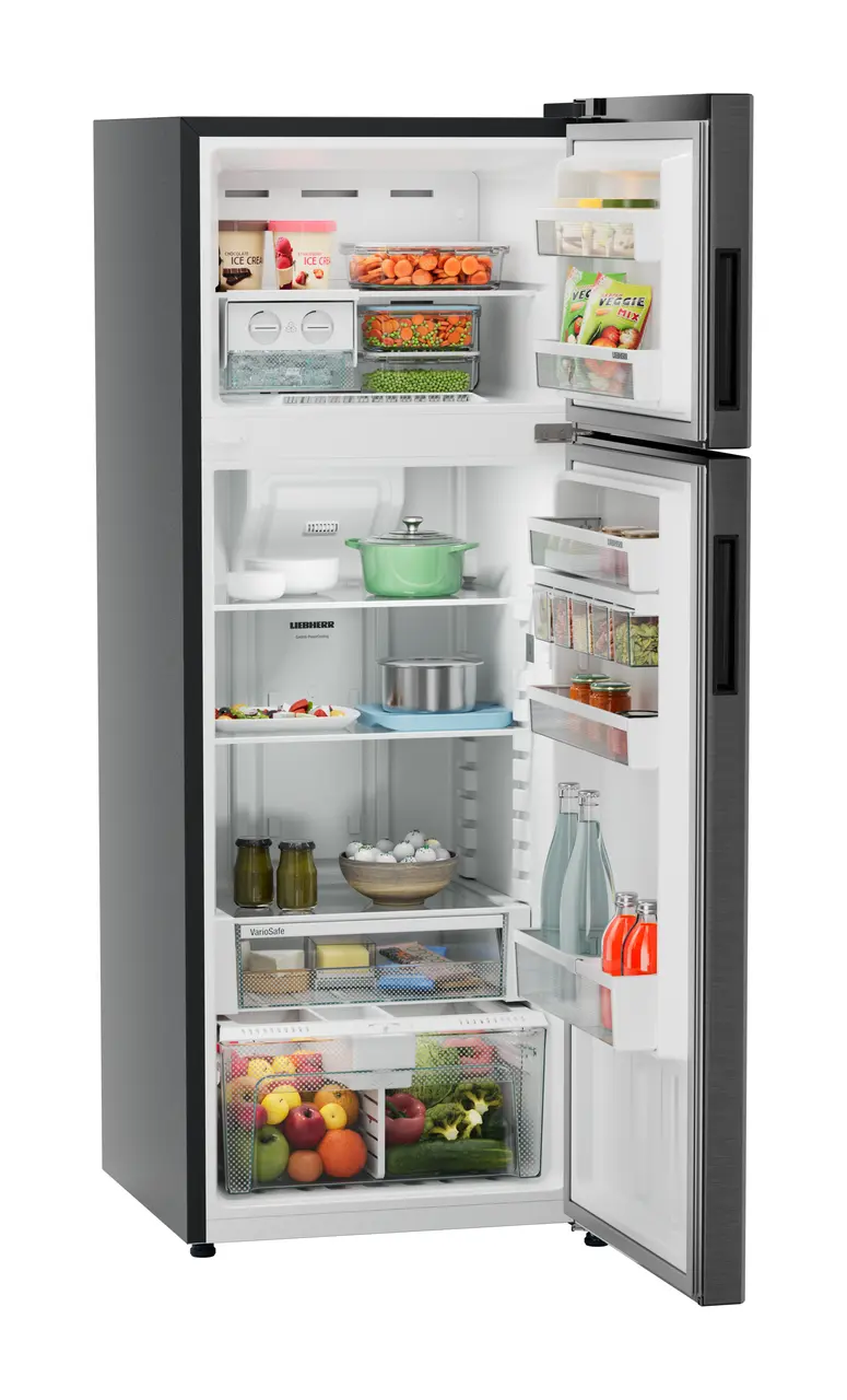 Product image, Perspective: oblique open decorated, Fridge-freezer with NoFrost, Casing colour: grey, Door colour: BlackSteel