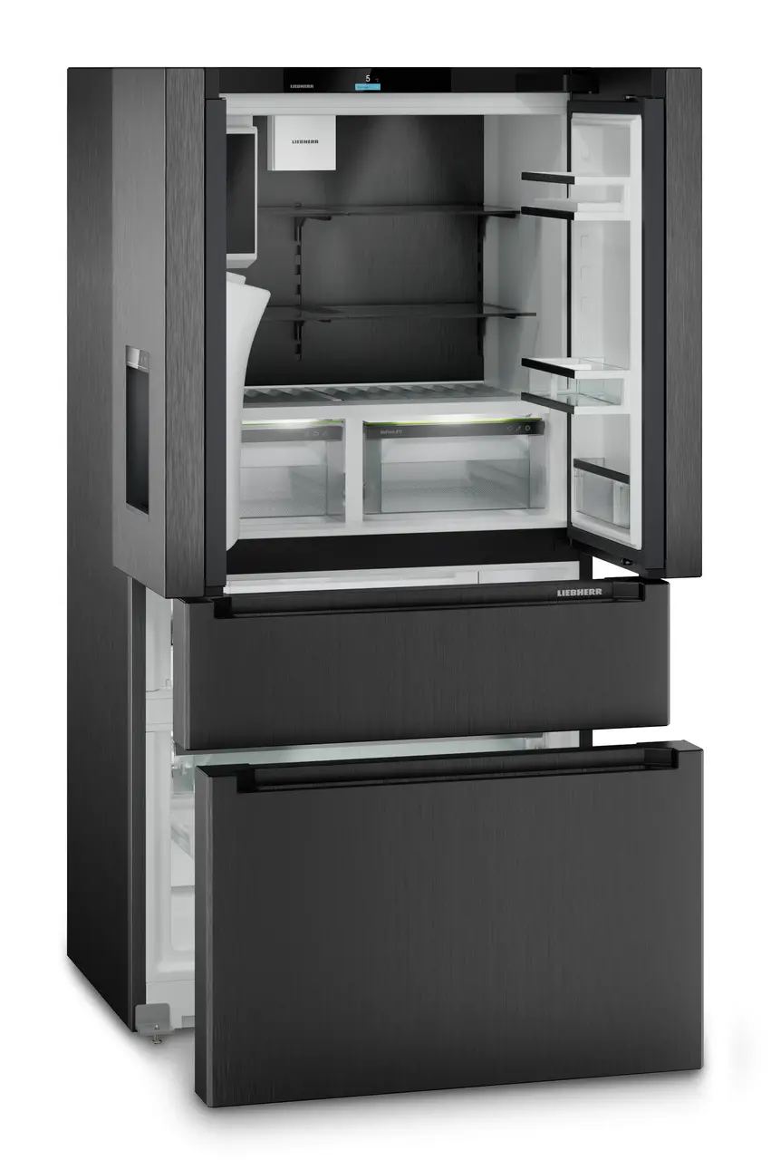 Termékkép, Perspektíva: Ferde nyitott üres, Francia ajtós hűtő-fagyasztószekrény 2 fagyasztófiókkal, víz- és jégkockaadagolóval