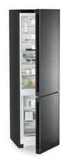 Product image, Perspective: oblique half-open decorated, Combined fridge-freezers with EasyFresh and NoFrost, Casing colour: black, Door colour: BlackSteel