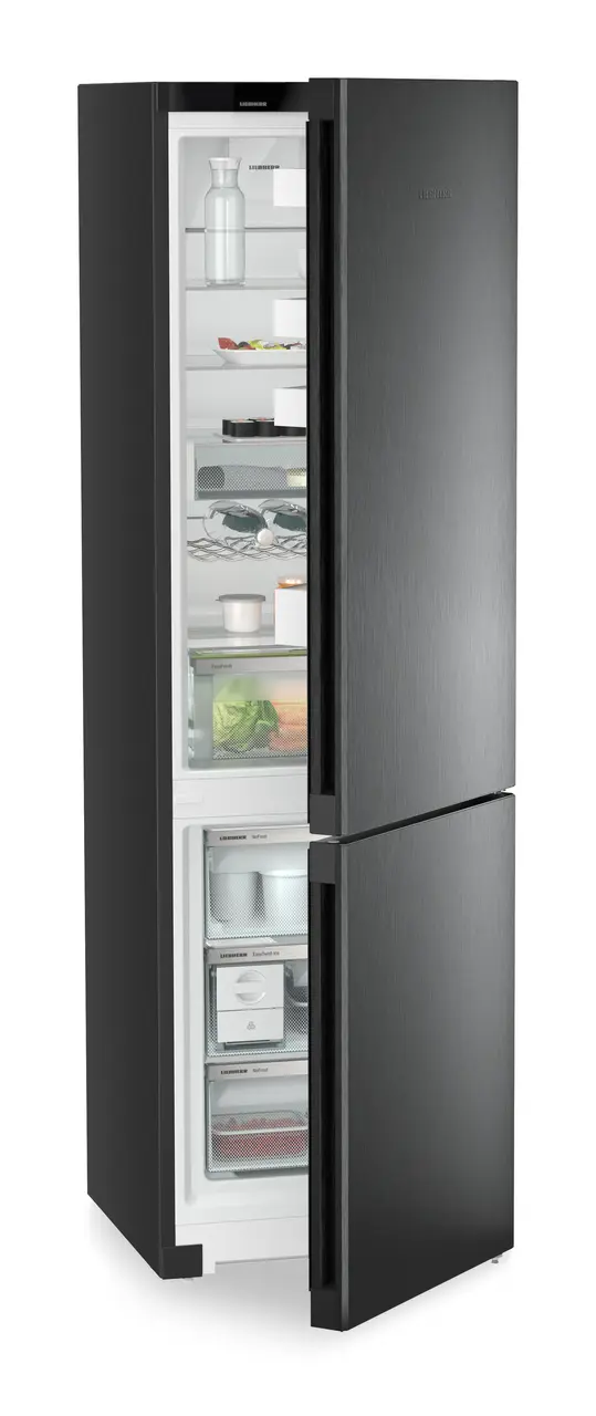 Product image, Perspective: oblique half-open decorated, Combined fridge-freezers with EasyFresh and NoFrost, Casing colour: black, Door colour: BlackSteel