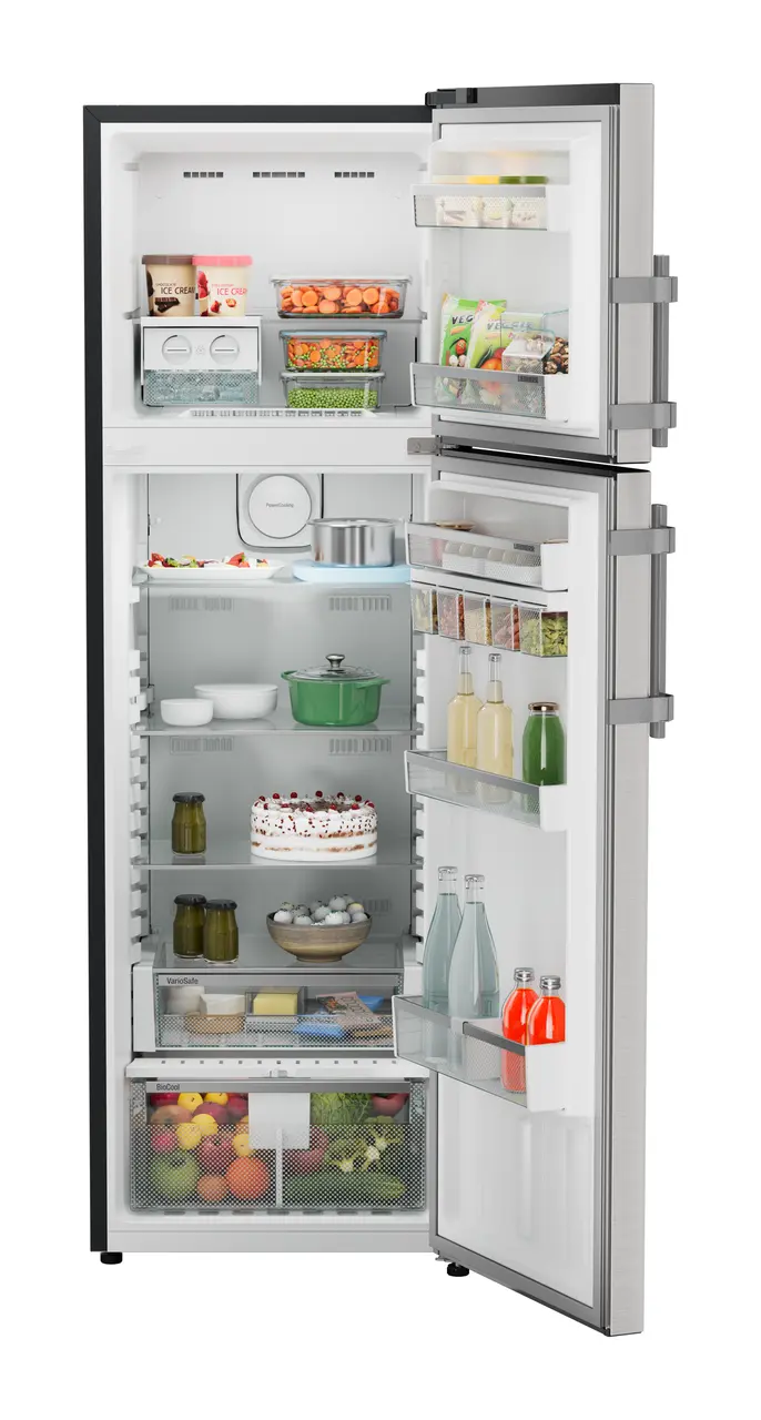 Product image, Perspective: straight open decorated, Fridge-freezer with NoFrost, Casing colour: grey, Door colour: Stainless Steel