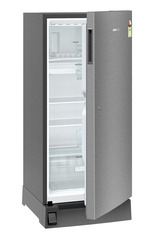 Product image, Perspective: oblique half-open empty, Single-door fridge 191 l in 2 star with foot pedal base drawer, Casing colour: grey, Door colour: Silver Steel