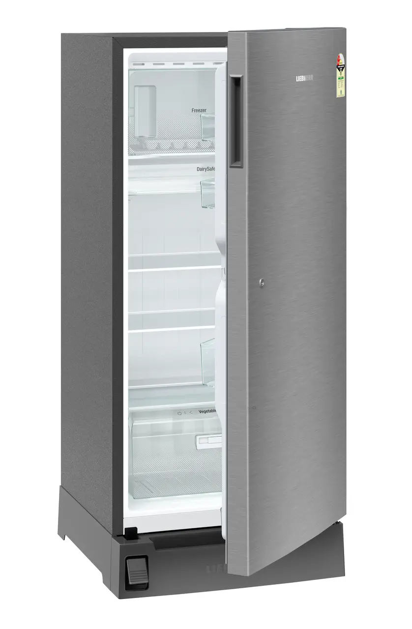 Product image, Perspective: oblique half-open empty, Single-door fridge 191 l in 2 star with foot pedal base drawer, Casing colour: grey, Door colour: Silver Steel