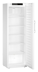 Produkt-Bild, Perspektive: schräg offen leer, Laborkühlgerät mit Umluftkühlung, Gehäusefarbe: Weiß, Türfarbe: Weiß