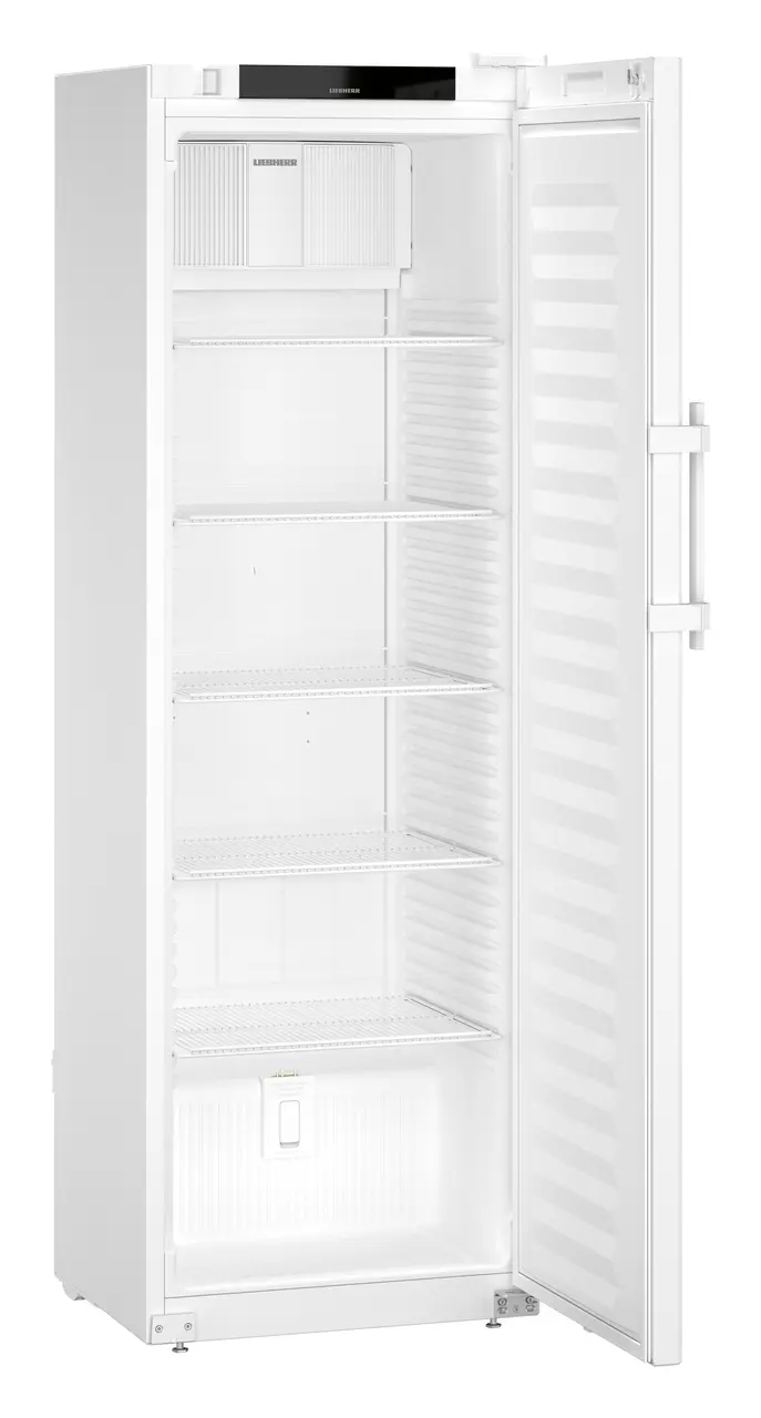 Produkt-Bild, Perspektive: schräg offen leer, Laborkühlgerät mit Umluftkühlung, Gehäusefarbe: Weiß, Türfarbe: Weiß