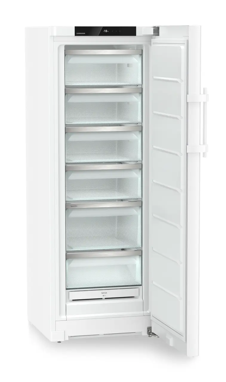Изображение продукции, Перспектива: Под углом, с открытой дверцей, без продуктов, Морозильная камера с системой NoFrost, Цвет корпуса: белый, Цвет дверцы: белый
