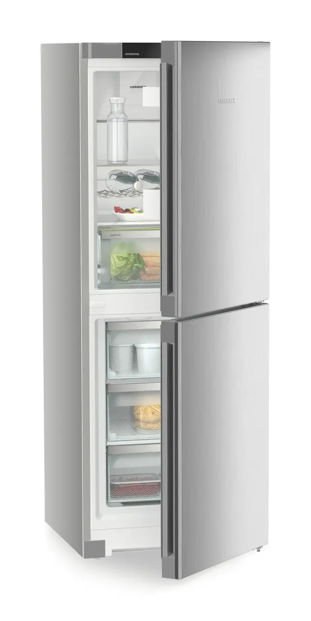 Product image, Perspective: oblique half-open decorated, Combined fridge-freezer with EasyFresh and NoFrost, Casing colour: silver, Door colour: Steelfinish