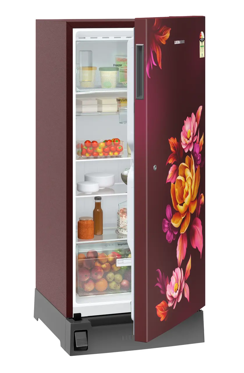 Product image, Perspective: oblique half-open decorated, Single-door fridge, 191 l in 2 star with foot pedal base drawer, Casing colour: red, Door colour: Red Wonder