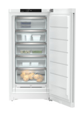 Изображение продукции, Перспектива: Прямо, с открытой дверцей, с продуктами, Морозильная камера с системой NoFrost, Цвет корпуса: белый, Цвет дверцы: белый