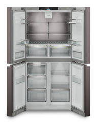 Produkt-Bild, Perspektive: gerade offen leer, 4-türige French-Door-Kühl-Gefrierkombination mit IceMaker, Gehäusefarbe: TerraSteel, Türfarbe: TerraSteel