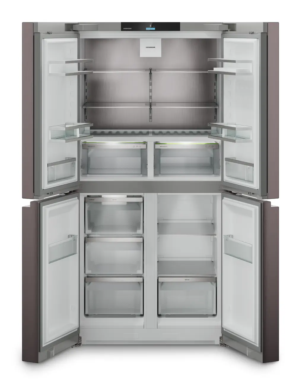 Produkt-Bild, Perspektive: gerade offen leer, 4-türige French-Door-Kühl-Gefrierkombination mit IceMaker, Gehäusefarbe: TerraSteel, Türfarbe: TerraSteel