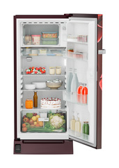 Product image, Perspective: straight open decorated, Single-door refrigerator 191 l in 5 star with inverter compressor, Casing colour: red, Door colour: Red Divine