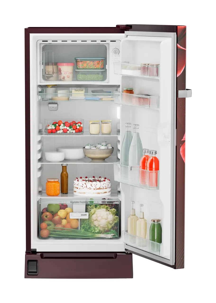 Product image, Perspective: straight open decorated, Single-door refrigerator 191 l in 5 star with inverter compressor, Casing colour: red, Door colour: Red Divine