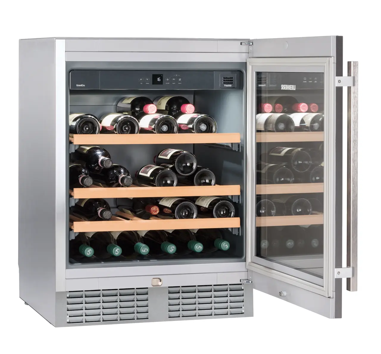 Product image, Perspective: oblique open decorated, Built-under wine storage cabinet, Casing colour: silver, Door colour: silver