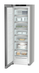 Product image, Perspective: oblique open decorated, Freestanding freezer with NoFrost, Casing colour: silver, Door colour: stainless steel