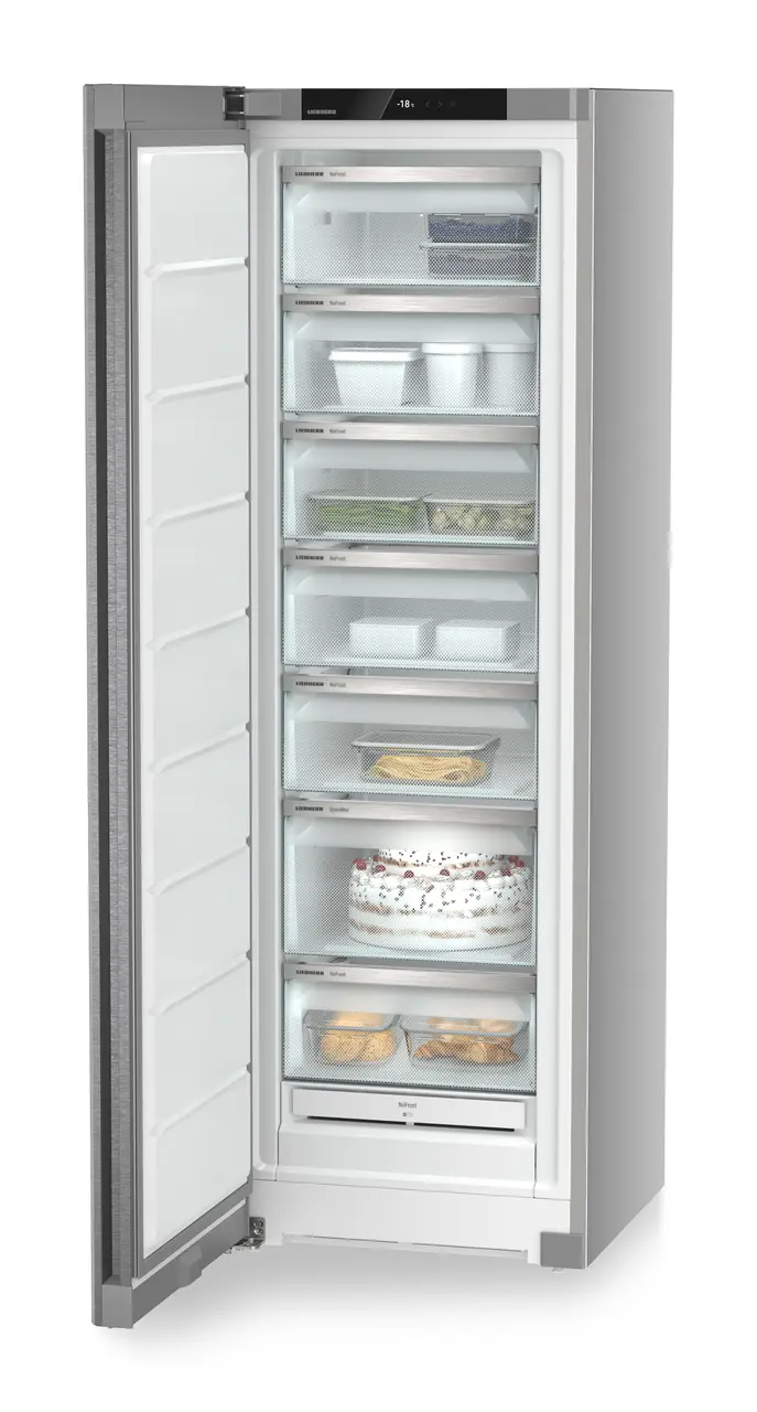 Product image, Perspective: oblique open decorated, Freestanding freezer with NoFrost, Casing colour: silver, Door colour: stainless steel