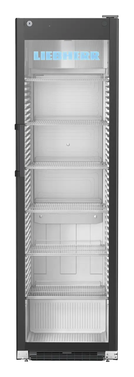 Obraz produktu, Perspektywa: Na wprost, zamknięte, puste, Witryna chłodnicza z chłodzeniem powietrzem obiegowym, Kolor obudowy: Czarna, Kolor drzwi: Czarna