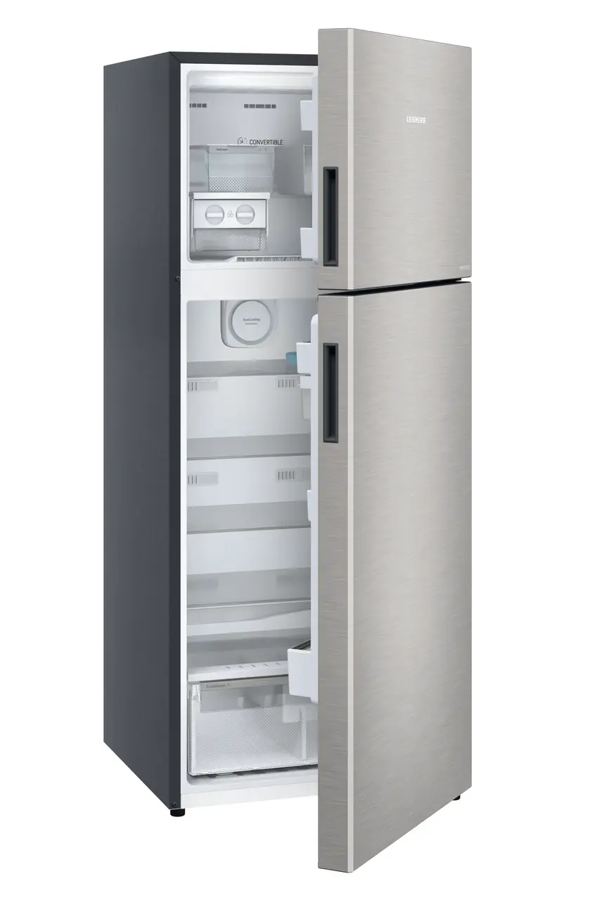 Product image, Perspective: oblique half-open empty, Fridge-freezer with NoFrost, Casing colour: grey, Door colour: Stainless Steel