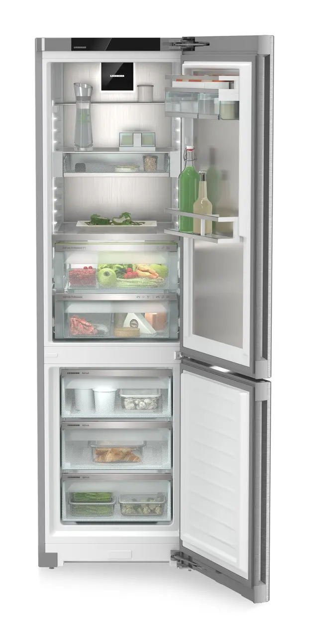 Produktbild, Perspektiv: Framifrån, öppen, fylld, Kyl- och fryskombinerad kyl- och frysdisk med BioFresh Professional och NoFrost, Färg på hölje: Rostfritt stål, Färg på dörr: Rostfritt stål