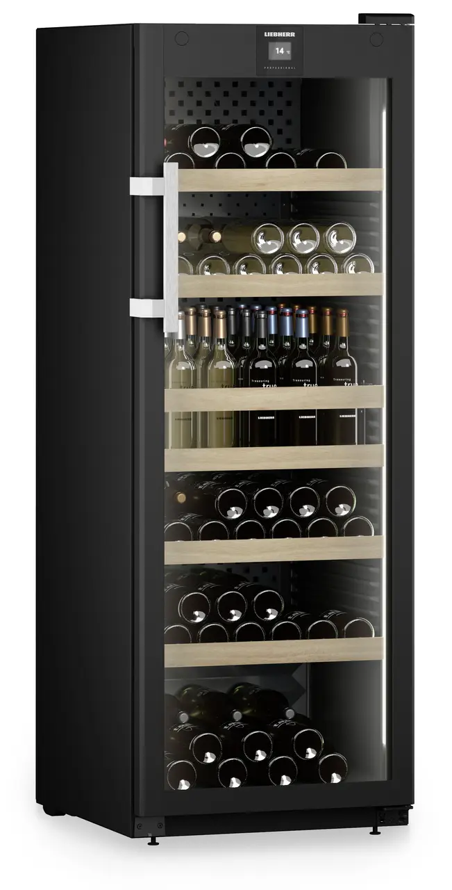 Produkt-Bild, Perspektive: schräg geschlossen dekoriert, Weinschrank Professional, Gehäusefarbe: Schwarz, Türfarbe: Schwarz