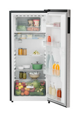 Product image, Perspective: straight open decorated, Single-door refrigerator 202 l in 3 star with VegFresh box, Casing colour: grey, Door colour: Stainless Steel
