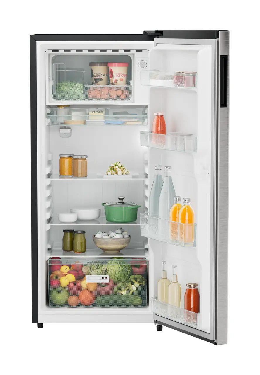Product image, Perspective: straight open decorated, Single-door refrigerator 202 l in 3 star with VegFresh box, Casing colour: grey, Door colour: Stainless Steel