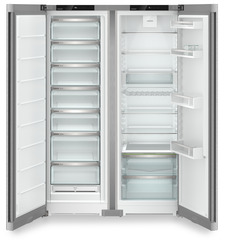 Изображение на продукта, Перспектива: Отпред, отворен, празен, Комбинация Side-by-Side, Цвят на корпуса: фино сребро, Цвят на вратата: благородна стомана