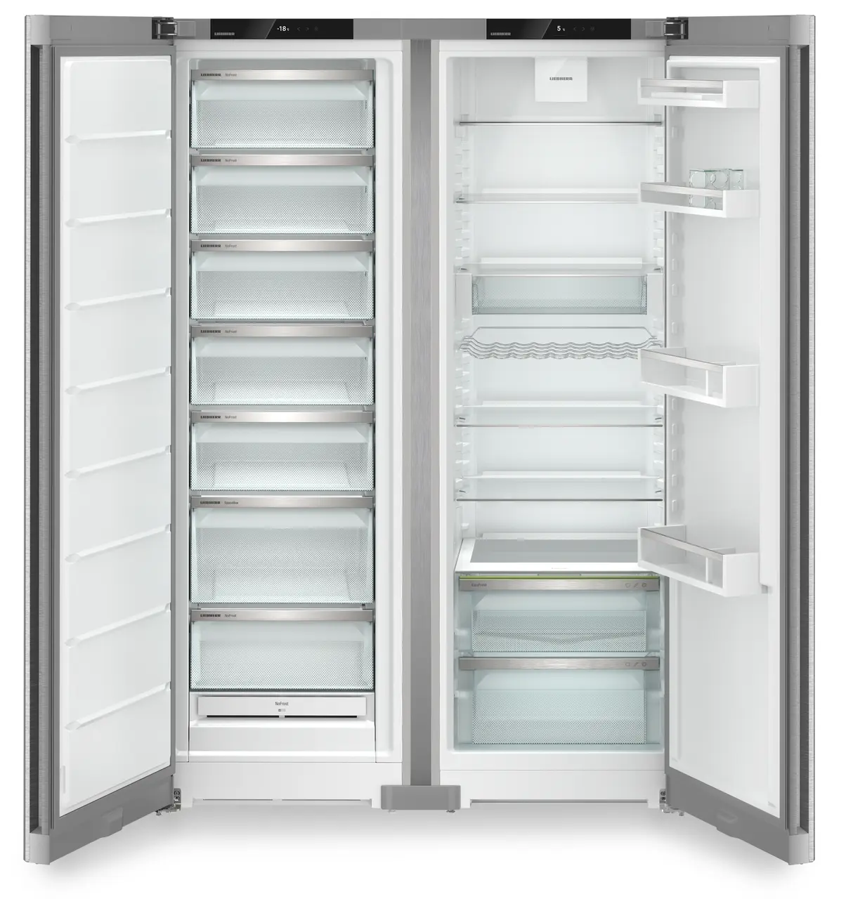 Изображение на продукта, Перспектива: Отпред, отворен, празен, Комбинация Side-by-Side, Цвят на корпуса: фино сребро, Цвят на вратата: благородна стомана