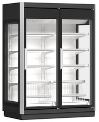 Produkt-Bild, Perspektive: schräg geschlossen leer, Supermarkt-Gefrierschrank, Gehäusefarbe: Grau