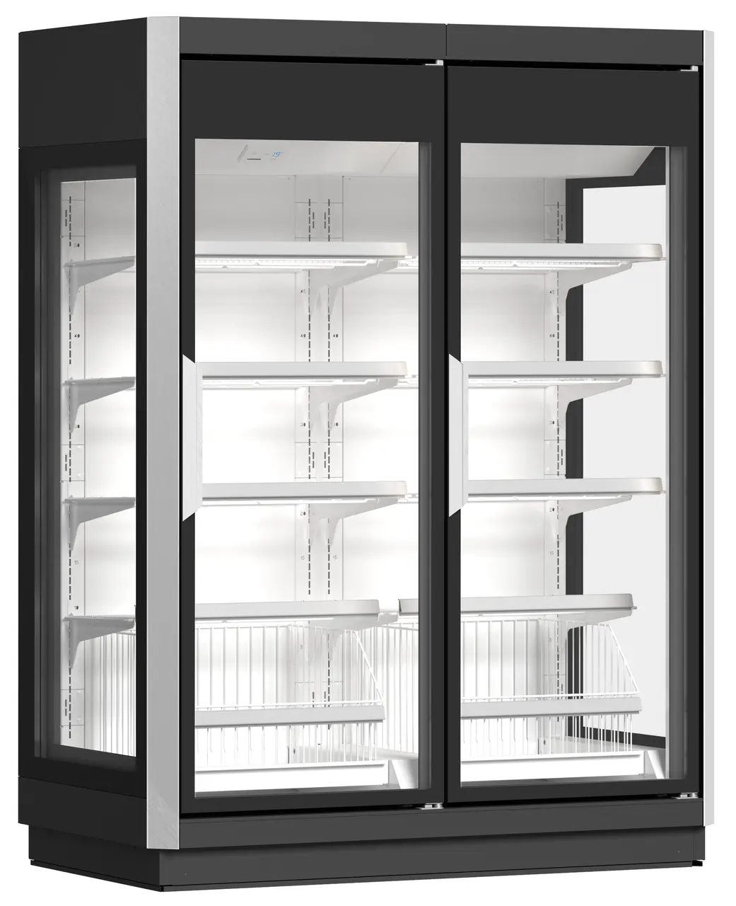 Produkt-Bild, Perspektive: schräg geschlossen leer, Supermarkt-Gefrierschrank, Gehäusefarbe: Grau