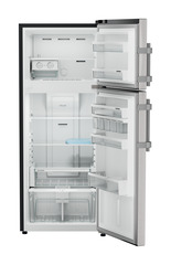 Product image, Perspective: straight open empty, Fridge-freezer with NoFrost, Casing colour: grey, Door colour: Stainless Steel
