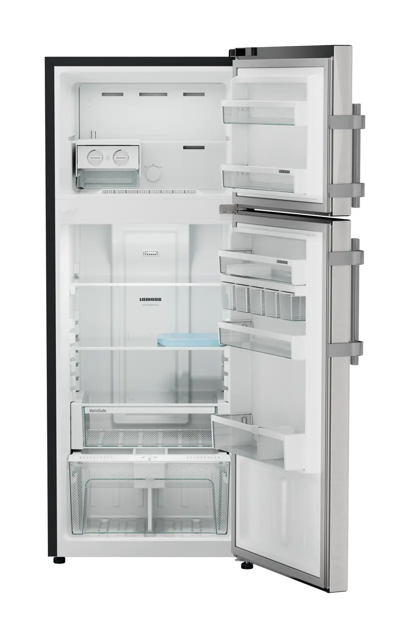Product image, Perspective: straight open empty, Fridge-freezer with NoFrost, Casing colour: grey, Door colour: Stainless Steel