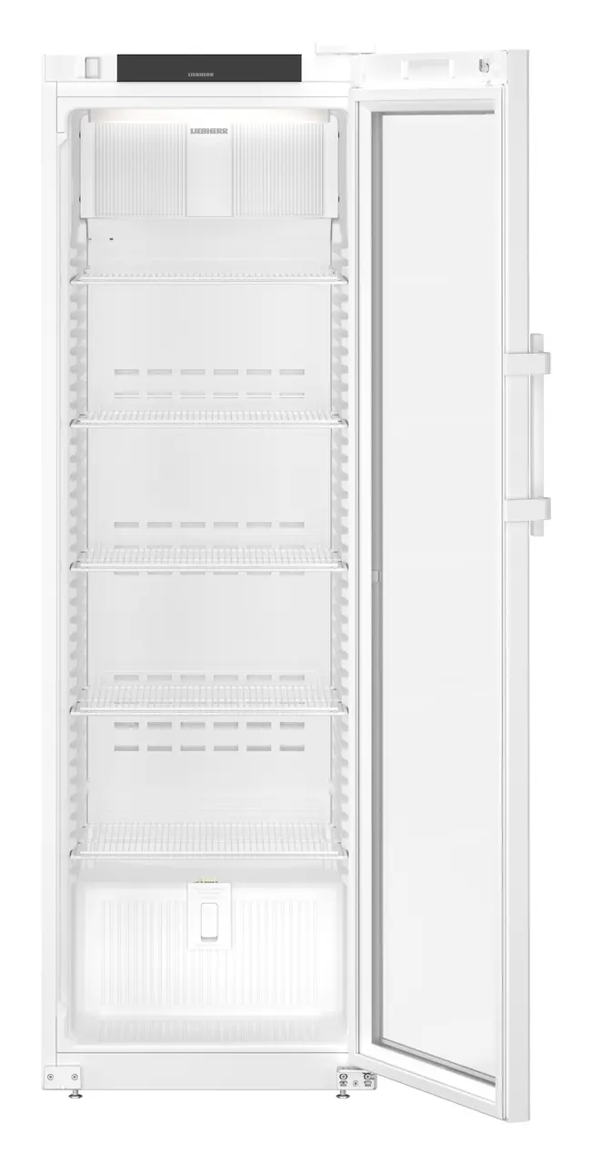 Produkt-Bild, Perspektive: gerade offen leer, Laborkühlgerät mit Umluftkühlung, Gehäusefarbe: Weiß, Türfarbe: Weiß